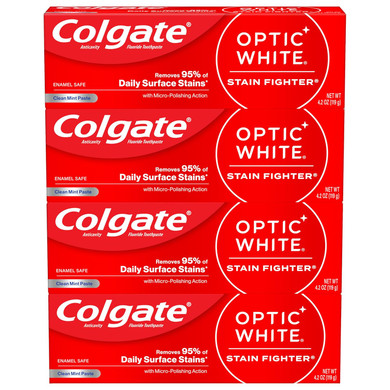 Colgate Optic White Stain Fighter Whitening Toothpaste, Clean Mint Flavor, Safely Removes Surface Stains, Enamel-Safe For Daily Use, Teeth Whitening Toothpaste With Fluoride, 4.2 Oz Tube