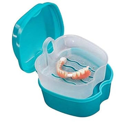 Coolrunner Denture Case, Denture Cup With Strainer, Denture Bath Box False Teeth Storage Box With Basket Net Container Holder For Travel, Retainer Cleaning (Green)