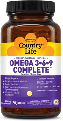 Country Life Omega 3-6-9 Complete Supplement - 1,534Mg Omega Fatty Acids - Supports Cardiovascular, Brain, Skin & Immune Health - Certified Gluten Free, Non-Gmo - 90 Softgels