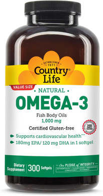 Country Life Omega-3 Fish Oil Supplement, 1000Mg, 180Mg Epa & 120Mg Dha, Fish Oil Concentrate, Burpless, 300 Softgels, Certified Gluten Free