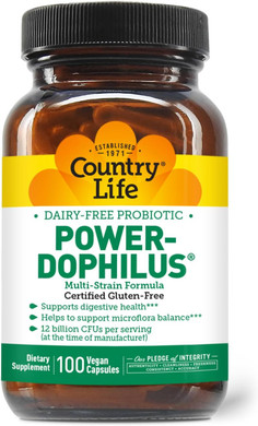 Country Life Power-Dophilus Dairy-Free Multi-Strain Probiotic 12 Billion Cfus, 100 Vegan Capsules, Certified Gluten Free, Certified Vegan