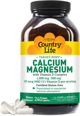 Country Life Target-Mins Calcium Magnesium With Vitamin D-Complex, 1000Mg/500Mg/10Mcg, 120 Vegan Capsules, Certified Gluten Free, Certified Vegan, Verified Non-Gmo Verified
