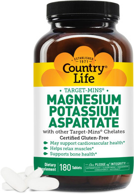 Country Life Target-Mins Magnesium Potassium Aspartate, 600Mg/198Mg, 90 Tablets, Certified Gluten Free, Certified Vegan