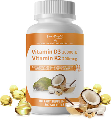 D3 K2 Vitamin D3 10000 Iu Per Serving (5000 Iu Per Softgel) + Vitamin K2 (Mk-7) 200Mcg Per Serving (100Mcg Per Softgel) W/Virgin Coconut Mct Oil| 300 Ct Vegan, Bone Health, Immune Support