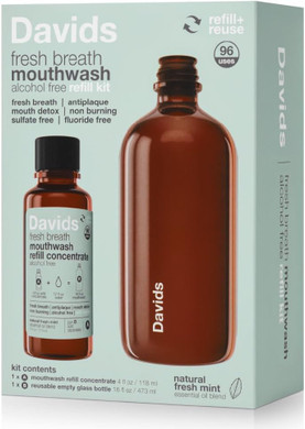 Davids Fresh Breath Mouthwash Kit, Non-Burning, Alcohol-Free, Fluoride-Free, Sulfate-Free, Gum And Mouth Detox, Antiplaque, Relieves Dry Mouth (4Oz Concentrate + 16Oz Empty Reusable Glass Bottle)