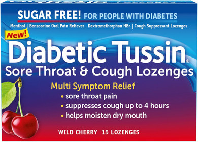 Diabetic Tussin Sore Throat Lozenges, Multi-Symptom Relief Cough Drops, Sugar Free Wild Cherry Flavor, 15 Cough Lozenges, 1 Box