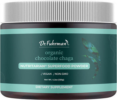 Dr. Fuhrman Chocolate Chaga Superfood Powder  Organic Cocoa + Chaga, Reishi, Maca & Lucuma  Vegan, Gluten-Free, Lightly Sweetened With Monk Fruit  No Added Sugar  4.2 Oz