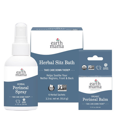 Earth Mama Postpartum Recovery Kit, Take Care Down There® Trifecta With Organic Perineal Balm, Sitz Bath & Herbal Peri Spray, 3-Piece Set