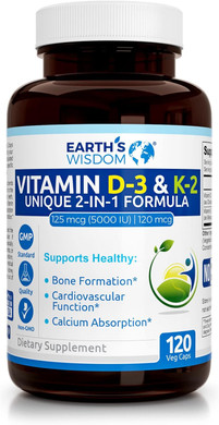 Earth'S Wisdom Vitamin D3 5000 Iu With K2 (Mk7) Formula. Muscle, Bone, Heart & Immune Support. Superior Absorption. 120 Capsules. Free From Gluten, Dairy, Soy. Non-Gmo. Manufactured In Usa