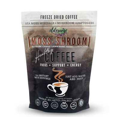 Elderwise Organics Coffee With Mushrooms & Sea Moss - Lion'S Mane, Chaga, Reishi & Cordyceps - 24 Servings - Healthy Coffee - Freeze Dried Instant - Chemical Free - Fair Trade