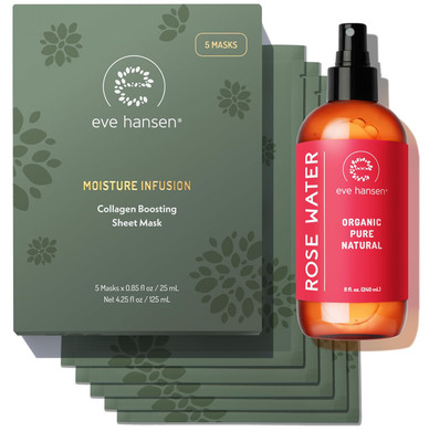 Eve Hansen Skincare Duo: Organic Rose Water Spray (8 Oz) & Collagen Face Mask Sheets (Set Of 5)  Hydrating & Soothing Care With Hyaluronic Acid & Botanical Extracts  Set Of 2 Products