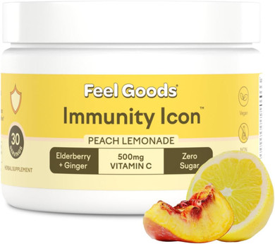 Feel Goods Immunity Icon, Zero Sugar, Vitamin C, A, B, D, E & Zinc, Organic Elderberry, Ashwagandha, Drink Mix Powder, Vegan, Non Gmo, Caffeine & Gluten Free | Peach Lemonade, 30 Servings