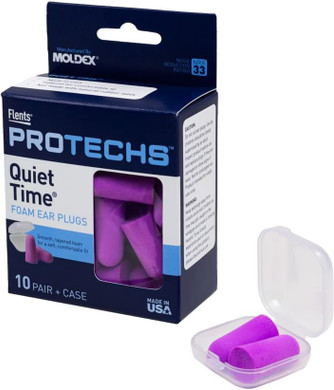 Flents Protechs Foam Ear Plugs, 10 Pair With Case For Sleeping, Snoring, Loud Noise, Traveling, Concerts, Construction, Studying, Work, Shooting, Nrr 33, Purple, Disposable, Made In The Usa