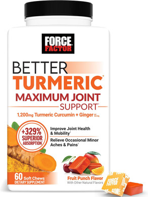 Force Factor Better Turmeric Maximum Joint Support, 1075Mg Curcumin With Ginger To Support Mobility, Flexibility & Comfort, Chews More Convenient Than Turmeric Gummies, Fruit Punch, 60 Soft Chews