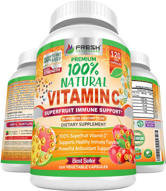 Fresh Healthcare 100% Natural Vitamin C - 500Mg From Rose Hips, Acerola Cherry & Camu Camu - High Absorption Immune Support, Skin, Joint & Collagen Booster With Citrus Biflavonoids - 120 Capsules