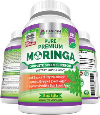 Fresh Healthcare Moringa Oleifera 180 Capsules  100% Pure Leaf Powder - 3 Month Supply - Non Gmo And Gluten Free - Complete Green Superfood Supplement - Energy, Metabolism And Immune Support