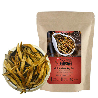 Fullchea - Imperial Golden Monkey Black Tea - Yunnan Loose Leaf - Naturally Roasted Nuts Flavor - 4Oz / 113G