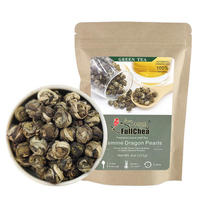 Fullchea - Jasmine Pearl Tea - Jasmine Dragon Pearls - Loose Leaf Green Tea - Jasmine Green Tea With Delightful Aroma 4Oz / 113G