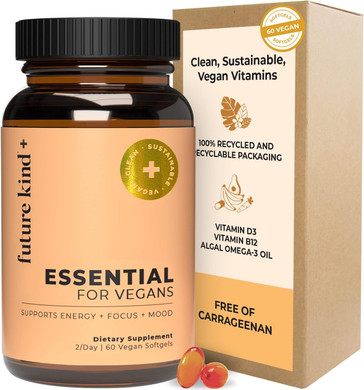 Future Kind Vegan Multivitamins - Glass Bottle & Made For Vegans With Omega 3 Dha, Epa, Vitamin B12 & D3 For Energy, Focus, & Mood (60 Softgels)