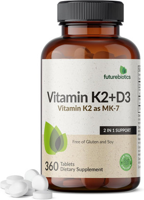 Futurebiotics Vitamin K2 With D3, 2 In 1 Support, 5000 Iu Vitamin D3 & 90 Mcg Vitamin K2 Mk-7 Non-Gmo, 360 Tablets