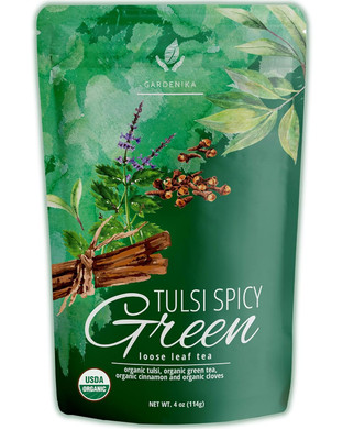 Gardenika Organic Green Loose Leaf Tea With Tulsi, Cloves And Cinnamon  Kosher, No Natural Or Artificial Flavors  4 Oz