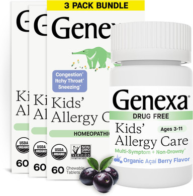 Genexa Kids Allergy Care | Drug Free, Non-Drowsy Children'S Allergy & Decongestant Remedy | Vegan & Non-Gmo | Homeopathic Relief Made Clean | Organic Acai Berry Flavor | 180 Chewable Tablets Ages 3-11