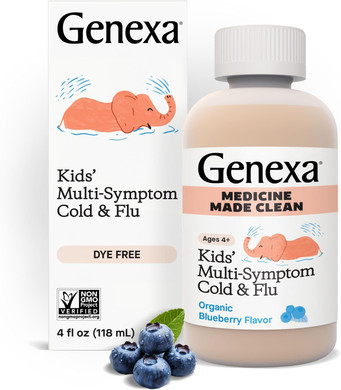 Genexa Kids' Cold & Flu Multi-Symptom Relief, Dye Free, 0% Artificial Additives, Children'S Liquid Pain, Fever And Cough Medicine, For Kids 4-11, Delicious Organic Blueberry Flavor, 4 Fl Oz