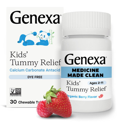 Genexa Kids Clean Dye Free Tummy Relief | Heartburn, Acid Indigestion, Sour Stomach Chewable Antacid | 0% Artificial Additives, ChildrenS Calcium Carbonate, Organic Berry Flavor, 30Ct