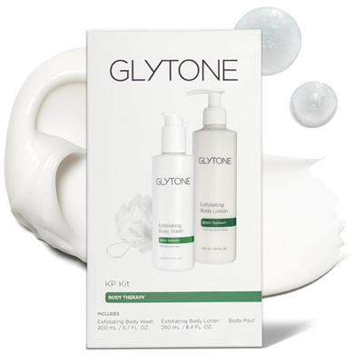 Glytone Kp Kit  Exfoliating Body Wash, Glycolic Acid Lotion & Shower Pouf For Keratosis Pilaris  Smooth Rough Bumpy Skin, Fragrance-Free Skincare Routine For Dry Skin & Chicken Skin  Routine Kit