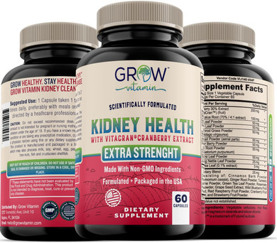 Grow Vitamin Premium Kidney Cleanse Supplement  Powerful Kidney Support Formula With Cranberry Extract Helps Support Healthy Kidneys & Urinary Tract Support 60 Vegetarian Capsules