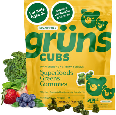 Gruns Kids Vitamins, Super Greens Gummies - Superfood Gummy Bears With Spirulina, Chlorella, 20+ Vitamins & Minerals, Prebiotics Fiber For Digestive Health, Adaptogens Supplement, 28 Day Supply