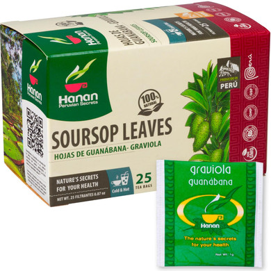 Hanan Soursop Tea Bags - 100% Pure Hojas De Guanabana Leaves - Graviola Tea Soursop Leaves Organic Herbal Te From Peru (25 Teabags)