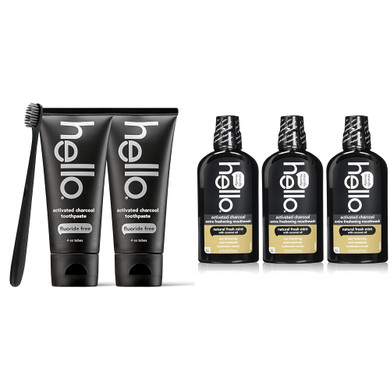 Hello Activated Charcoal Epic Teeth Whitening Fluoride Free Toothpaste And Toothbrush & Activated Charcoal Extra Freshening Mouthwash, Natural Fresh Mint And Coconut Oil