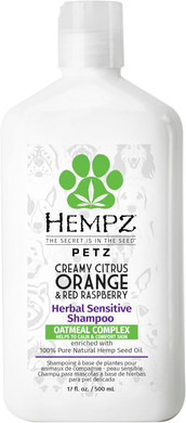 Hempz Petz, Sensitive Dog Shampoo, Oatmeal Complex To Soothe, Creamy Citrus Orange & Red Raspberry Herbal Sensitive Shampoo 17 Oz