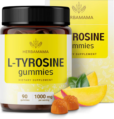 Herbamama L-Tyrosine Gummies - 1000Mg L-Tyrosine For Brain Clarity Support - Vegan, Non-Gmo Energy And Focus Supplement - 90 Pectin-Based Mango-Flavored Chews