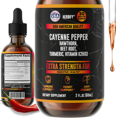 Herbify Cayenne Pepper Drops - Immune Support Supplement - Detox & Digestion Support - Cayenne Pepper Hawthorn Beet Root Turmeric Vitamin K2 D3 - Energy Supplements Extract - 2 Fl Oz - Made In Usa
