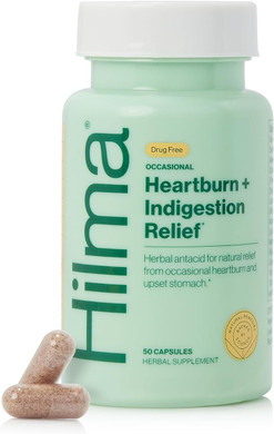 Hilma Heartburn & Indigestion Relief, Natural Antacid For Occasional Acid Reflux & Heartburn, Ginger, Chamomile, Marshmallow Root And More, Doctor-Formulated And Clinically-Studied, 50 Vegan Capsules