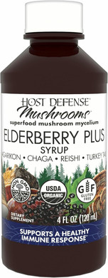 Host Defense Elderberry Plus Syrup - Immune, Respiratory & Lung Support Supplement* - Liquid Mushroom Supplement With Turkey Tail, Reishi, Agarikon & Chaga* - 4 Fl Oz (12 Servings)