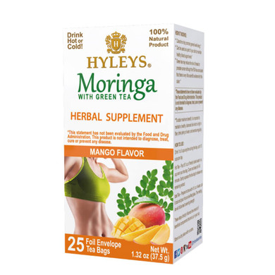 Hyleys Moringa Oleifera And Green Tea Mango Flavor - 50 Tea Bags - Superfood Miracle Tree Tea With Dried Moringa Oleifera Leaves