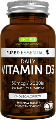 Igennus Daily Vitamin D3 2000Iu, 50 Mcg, Clean Label, 365 Small Tablets, 1-Year Supply, Vegetarian Cholecalciferol Vitamin D Supplement