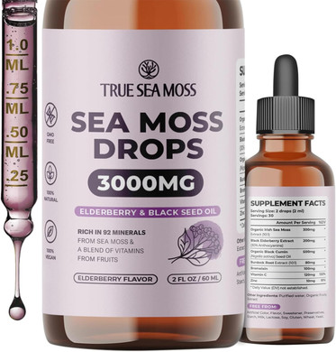 Irish Sea Moss Drops - 5X Stronger Than Sea Moss Gel - 92+ Essentials Minerals - With Black Elderberry, Burdock Root & Black Cumin - 2 Fl Oz (60Ml) - Elderberry Flavor