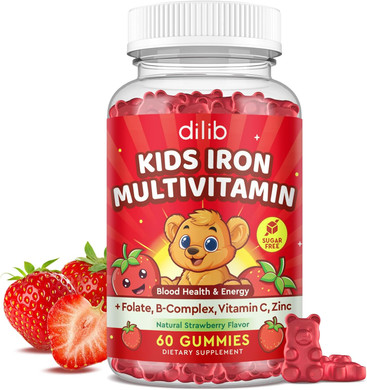 Iron Supplement Gummies For Kids, Kids Multivitamin With Iron Gummies - Zinc, Vitamin B Complex, A, C, D3, B12, Folate For Blood Builder & Energy Support, Vegan Sugar Free Green Apple & Kiwi 60Ct