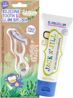 Jack N' Jill Stage 3 Silicone Tooth & Gum Brush, Natural Bubblegum Toothpaste For Babies & Kids - Toddler Toothbrush & Toothpaste Bundle, 1.76 Fl Oz