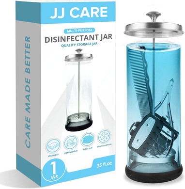 Jj Care Disinfectant Jar (35Oz) - Barber Disinfectant Jar Glass, Sanitizer Container W/Stainless Steel Removable Strainer & Cap For Manicure, Salon, Spa And Barber Tools - Silver Lid