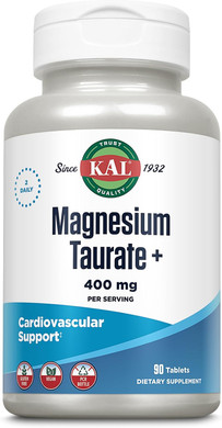 Kal Magnesium Taurate 400Mg Plus Coenzyme Vitamin B6, Chelated Magnesium Supplement, Muscle Function, Gluten Free, Vegan, 90 Serv, 180 Tablets