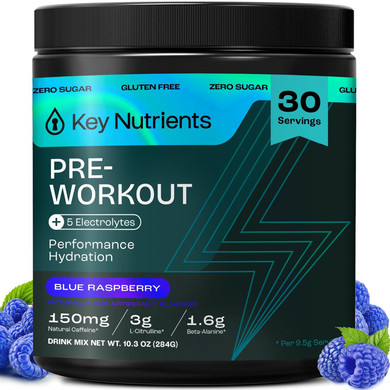 Key Nutrients Pre Workout Powder With 5 Electrolytes - Blue Raspberry No Sugar - 150Mg Caffeine, L-Citrulline, Beta Alanine, L-Tyrosine - Natural Preworkout For Men & Women (30 Servings)