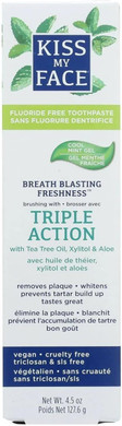 Kiss My Face Triple Action Herbal Mint Gel Toothpaste, Sls And Fluoride Free, Removes Plaque, Prevents Tartar, And Whitens Teeth, With Added Tea Tree Oil, No Artificial Colors Or Flavors, 4.5 Oz