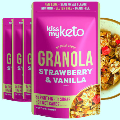 Kiss My Keto Granola Cereal  Strawberry Vanilla Keto Granola Low Carb Cereal (2G-Net) Low Sugar Granola (1G)  Grain Free Granola Keto Cereal, Gluten Free Granola  Keto Nut Granola For Yogurt 4Pk