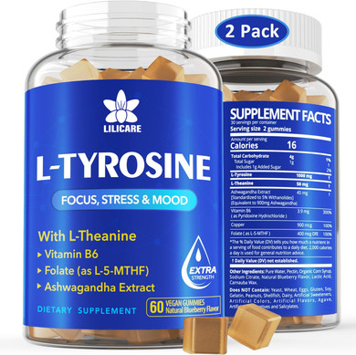 L Tyrosine Gummies 1100Mg Mood Support Blend, With Ashwagandha, L-Theanine, Vitamin B Complex B6, Folate(Vitamin B9), Focus & Memory, Cognition & Brain Function, Energy Boost,Stress Support, 2Pc/120Ct