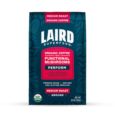 Laird Superfood Peruvian Medium Roast Coffee With Functional Mushrooms, Certified Organic Peruvian Ground Coffee Beans, Gluten-Free, Dairy-Free, Non-Gmo, Paleo, Keto Friendly, 20 Oz. Bag